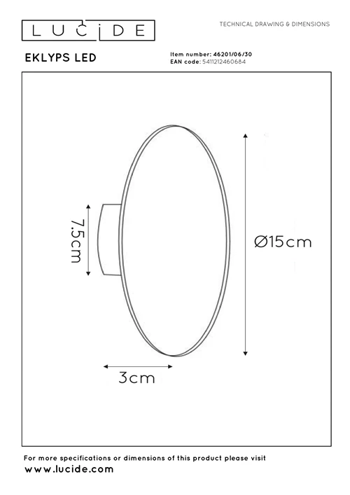 Lucide EKLYPS LED - Wandlamp - Ø 15 cm - LED - 1x7W 3000K - Zwart - technisch